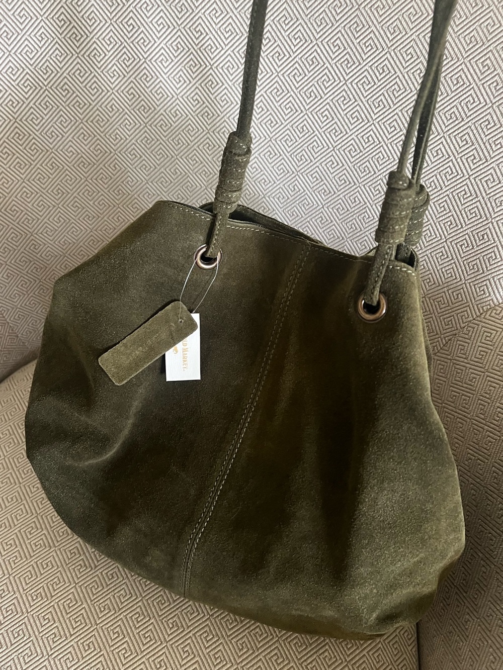 World Market open suede leather tote bag purse olive green perfect for Fall! NEW - Picture 4 of 5